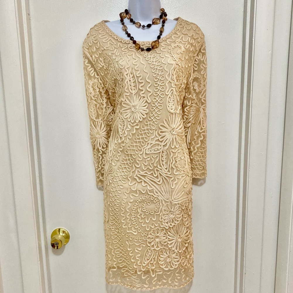 Weavz designer embroidered dress. XL Beige middy. Form flattering ELEGANT! 👡